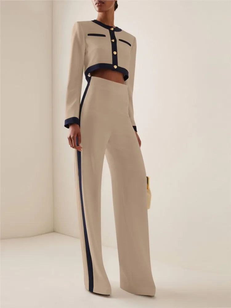 Elegant Women Slim Office Outfit Spring Autumn Fashion Contract Color Show Style Long Sleeve Button Tops & High Waist Pants Suit