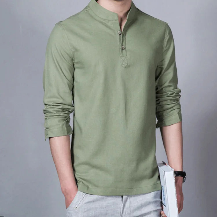 Men’s Solid-color Cotton Linen Shirt Long Sleeve Plus Size Casual