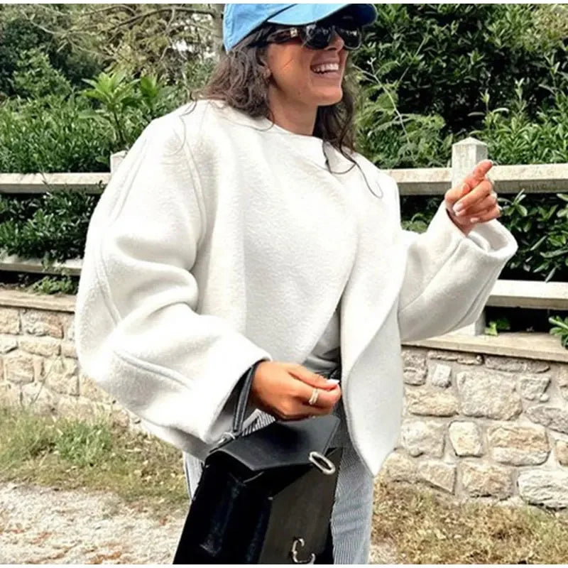 Women's Fashion Solid Thicken Cropped Jacket Top Long Sleeve Warm Autumn Winter Cardigan Female Casual Loose Woolen Streetwear