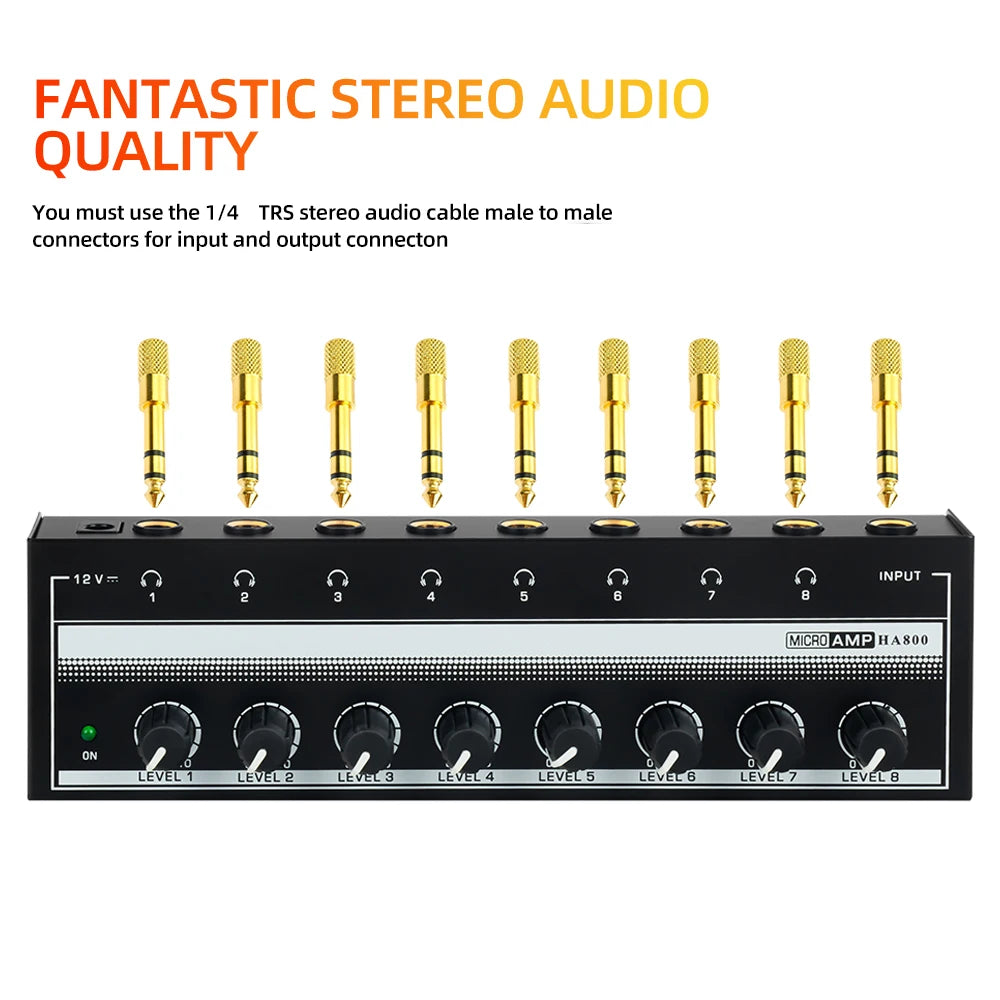 Headphone Amplifier 8 Channels Stereo Audio Amplifier AMP Ultra-Compact Portable Mini Amplifier with Rotary Button 6.35mm Jack