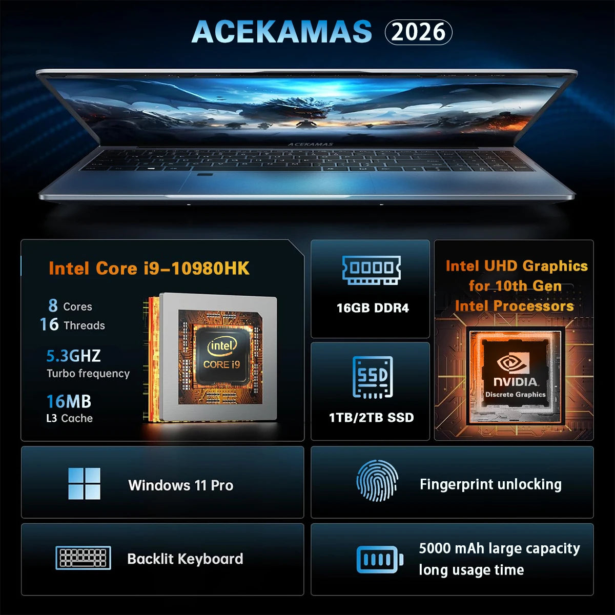 2026 ACEKAMAS 15.6" Gaming Laptop Intel Core i9 10980HK IPS 4K Gamer Computer 16GB DDR4 1TB SSD M.2 Windows 11 Pro Notebook PC