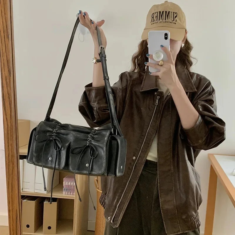 Luxury Designer Handbags And Purses Moto & Bike Drawstring Bow Bags For Women 2024 New In Vintage Pleated Shoulder Crossbody