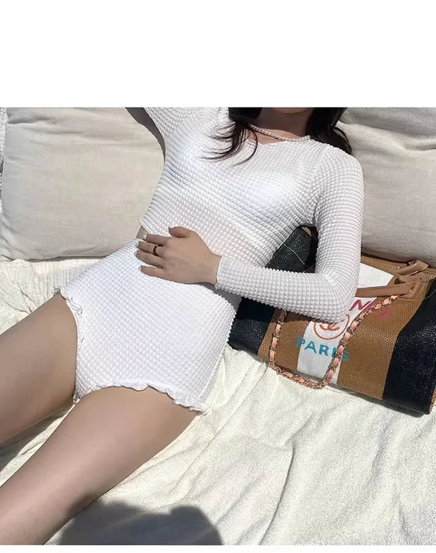 Women's Long Sleeve Conservative Swimsuit Sexy Slim High Waist Tummy Control Fashion Textured Waffle Bathing Suit New Arrival