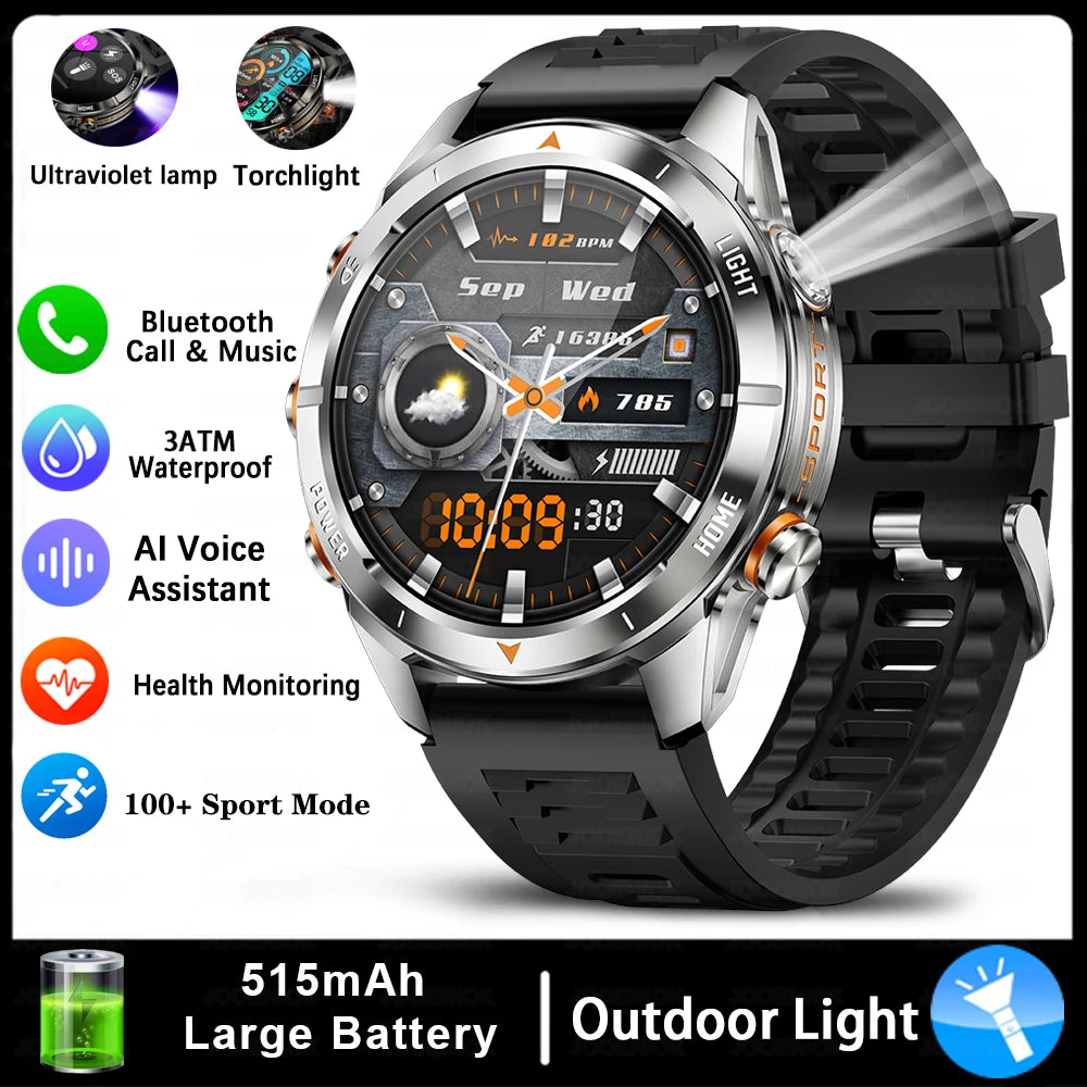 Military Smart Watch Men 10ATM Waterproof 1.46" AMOLED Screen LED Flashlight 515mAh Battery Heart Rate Sport BT Call Smartwatch