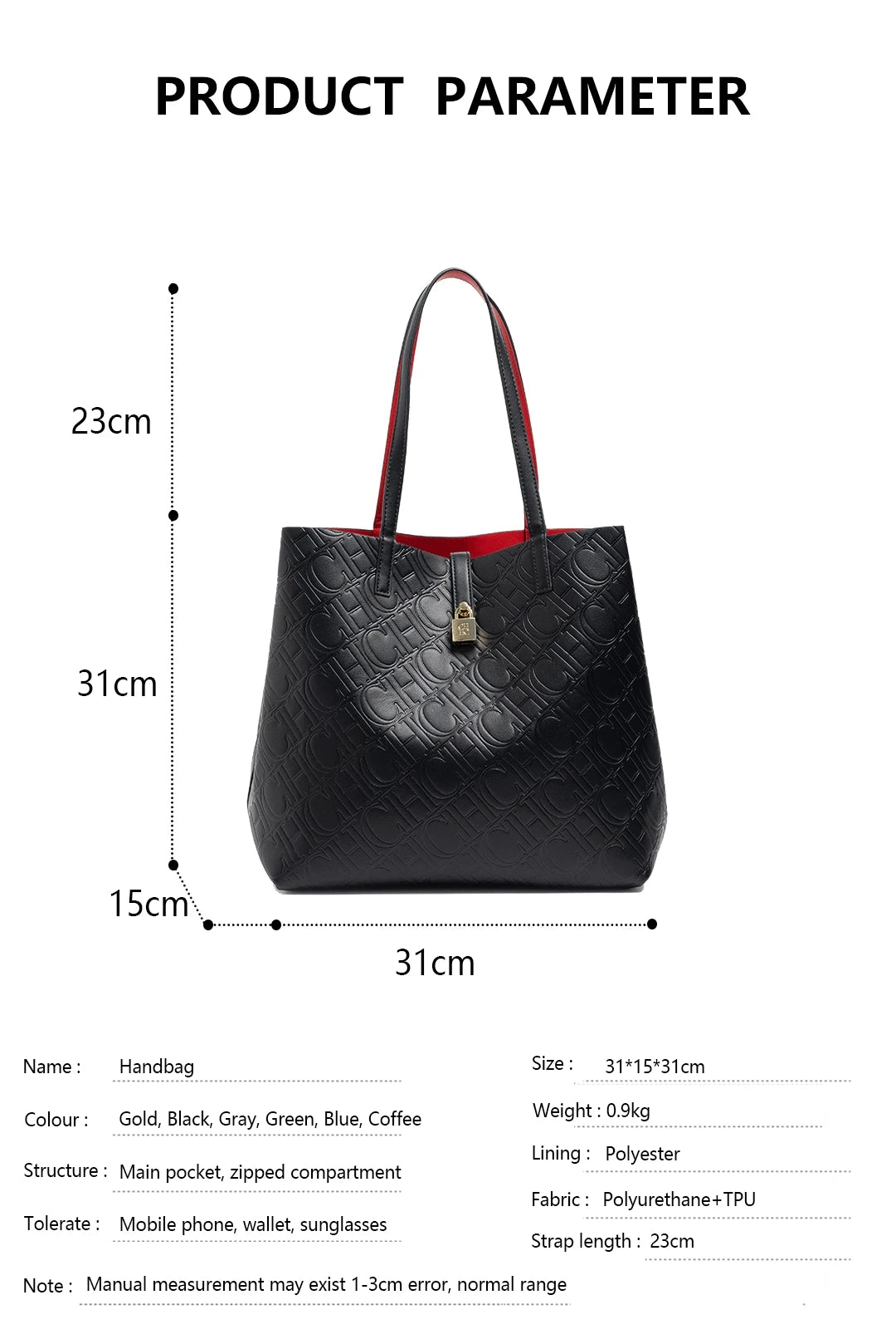 CH Luxury Tote Handbag For Women Large Capacity Work Shoulder Bag Elegant Golden Shopping Shoulder Purse