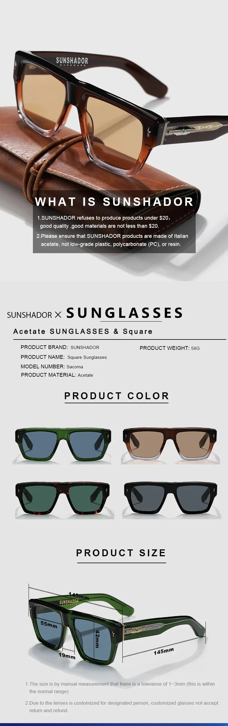 Pure Handmade Top Quality Fashion Square Acetate Luxury Sunglasses Men Women Personalized Designer Outdoor UV400  Sunglasses