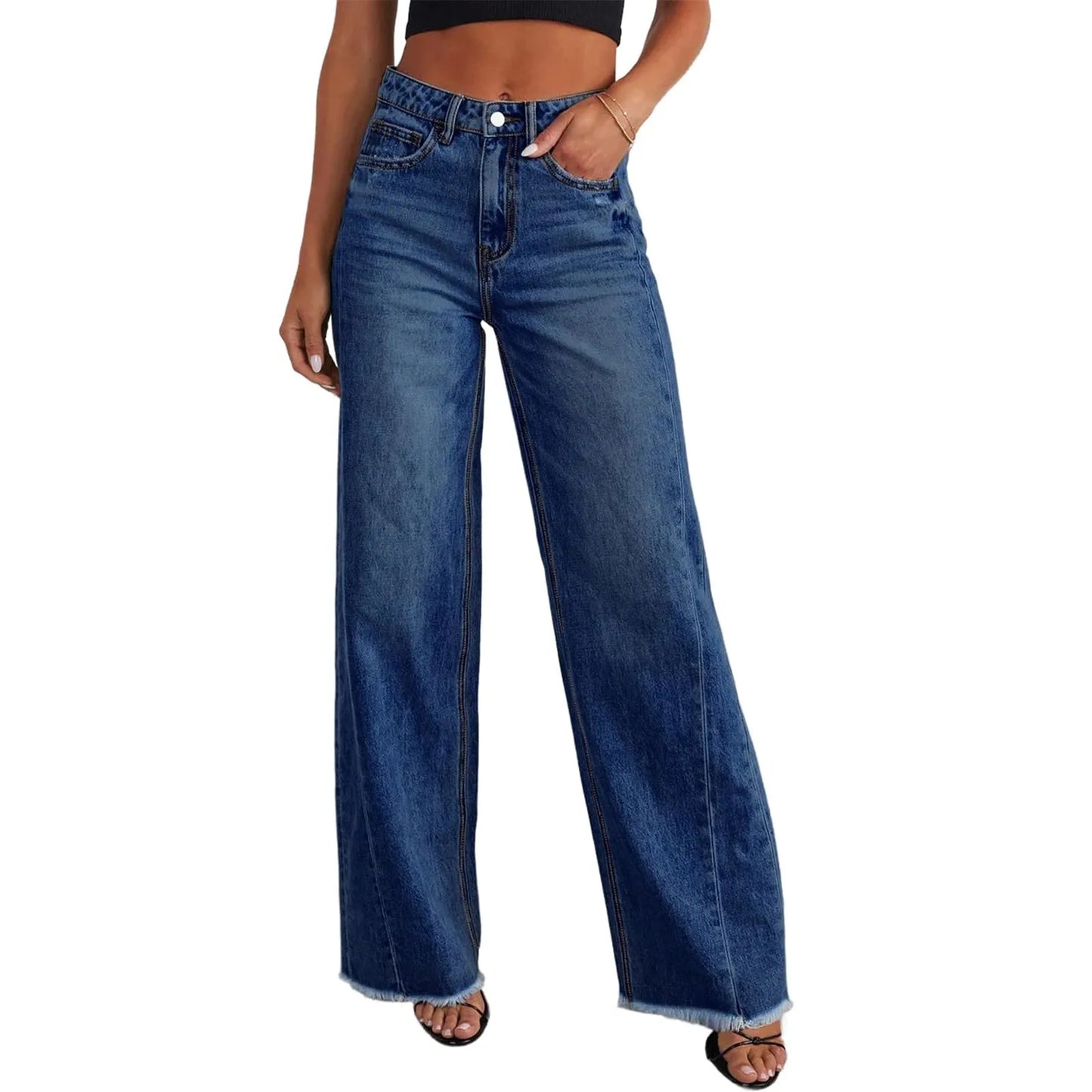 Wide-Leg Jeans Women Light Blue Raw-Edge High-Waist Design Fashionable Trousers Loose-Fitting Slim-Fitting Pants Daily Commuting