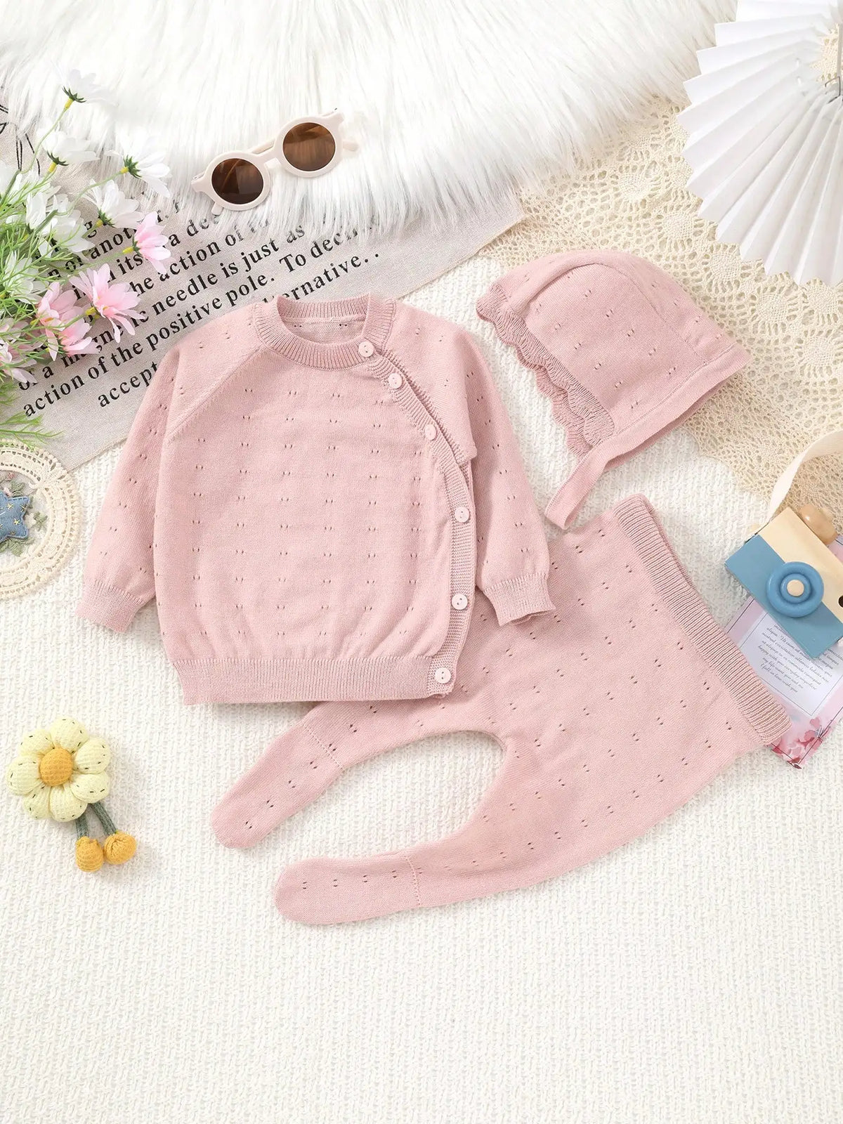 Newborn Baby Thin Long-Sleeved Romper and Hat Knitted Three-Piece Set