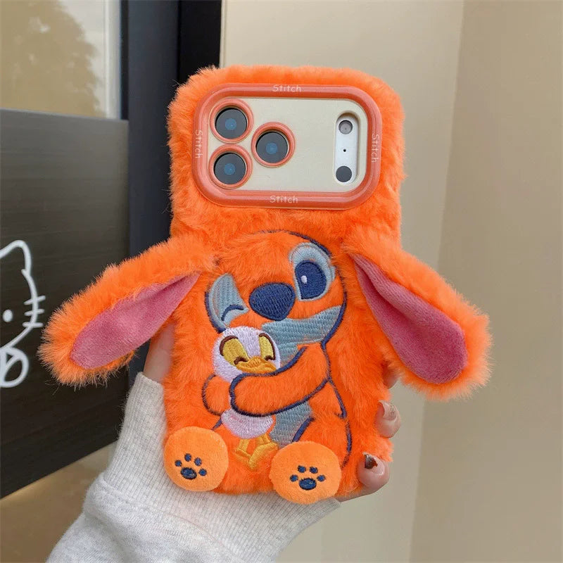 Plush Embroidery Stitch iPhone Case with Stand Furry Ears Cover for iPhone 13 17 Pro Max 16 15 Cute Shockproof Phone Accessories