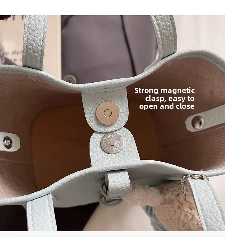 Fashionable Bucket Handbag Women's Shoulder Bag Spring Versatile Commuting Crossbody Bag Soft PU Leather Magnetic Buckle Closure
