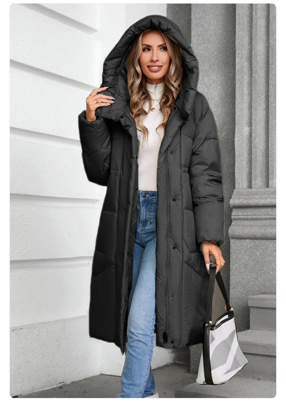 GASMAN 2024 Winter Down Jacket Women Long Classic zipper Design Pocket Stand Collar Hooded Slim Coat Women Parkas 88590