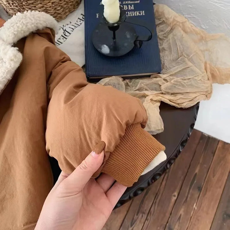 2024 Winter New Baby Warm Lamb Cashmere Hooded Coat Solid Versatile Boys Girls Padded Jacket Plus Velvet Thick Infant Clothes