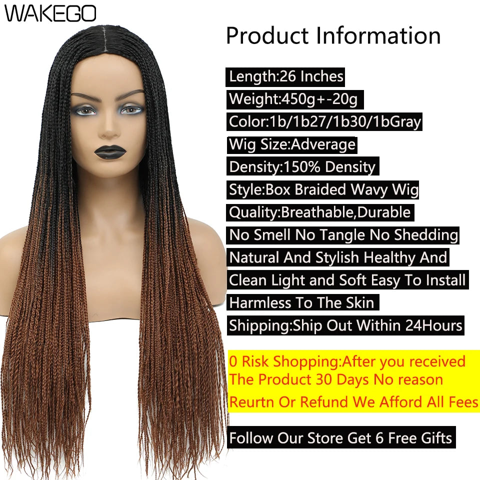 Wakego 26 Inch Ombre Box Braided Wigs For Black Women Braided Wig Fake Scalp Heat Resistant Braiding Hair Wig Peruca Sintetica
