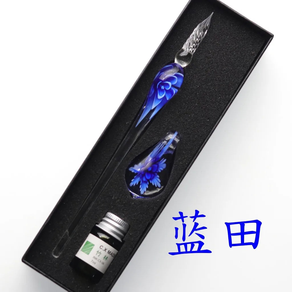 Embedded flower glass pen set, colored dipping pen, street vendor gift box, signature pen, glass pen gift