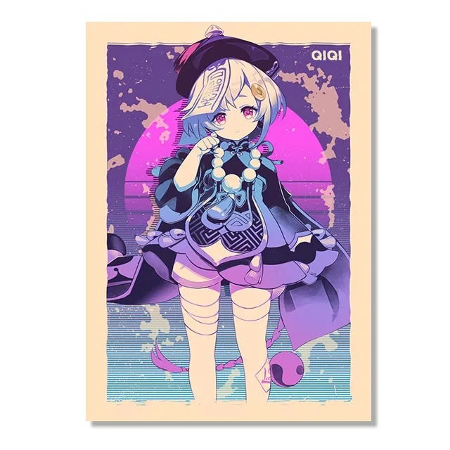 Genshin Game Retro Canvas Poster Ganyu Hu Tao Game  Wall Hanging Painting Anime Wall Art Pictures and Print for Home Room Decor