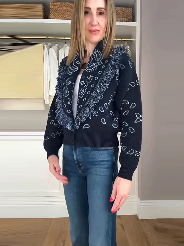 Women's Print Fringe Knitted Vest Coat Fashion Sleeveless Tie Waist Pocket Cardigan Sweater Lady 2025 Autumn Casual Outerwear