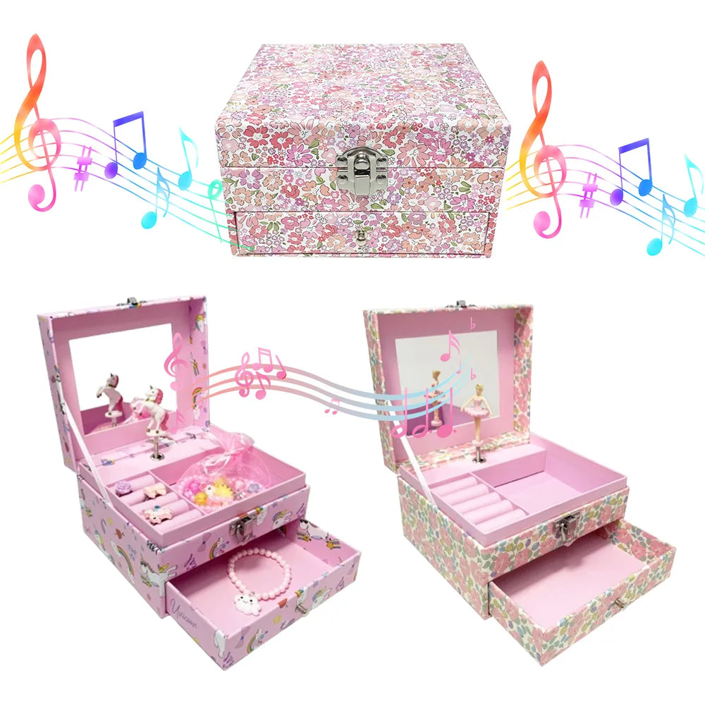 1pc Music Box with Drawer Mirror Rotating Ballet Dancer and pink pony Jewelry Storage for Ring Necklaces Bracelets Birthday Gift