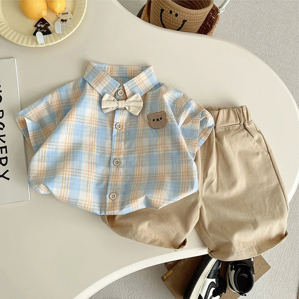 Summer baby boys clothes outfits sets bow tie check shirt shorts suits for infant boys clothing 1 year birthday gentleman sets