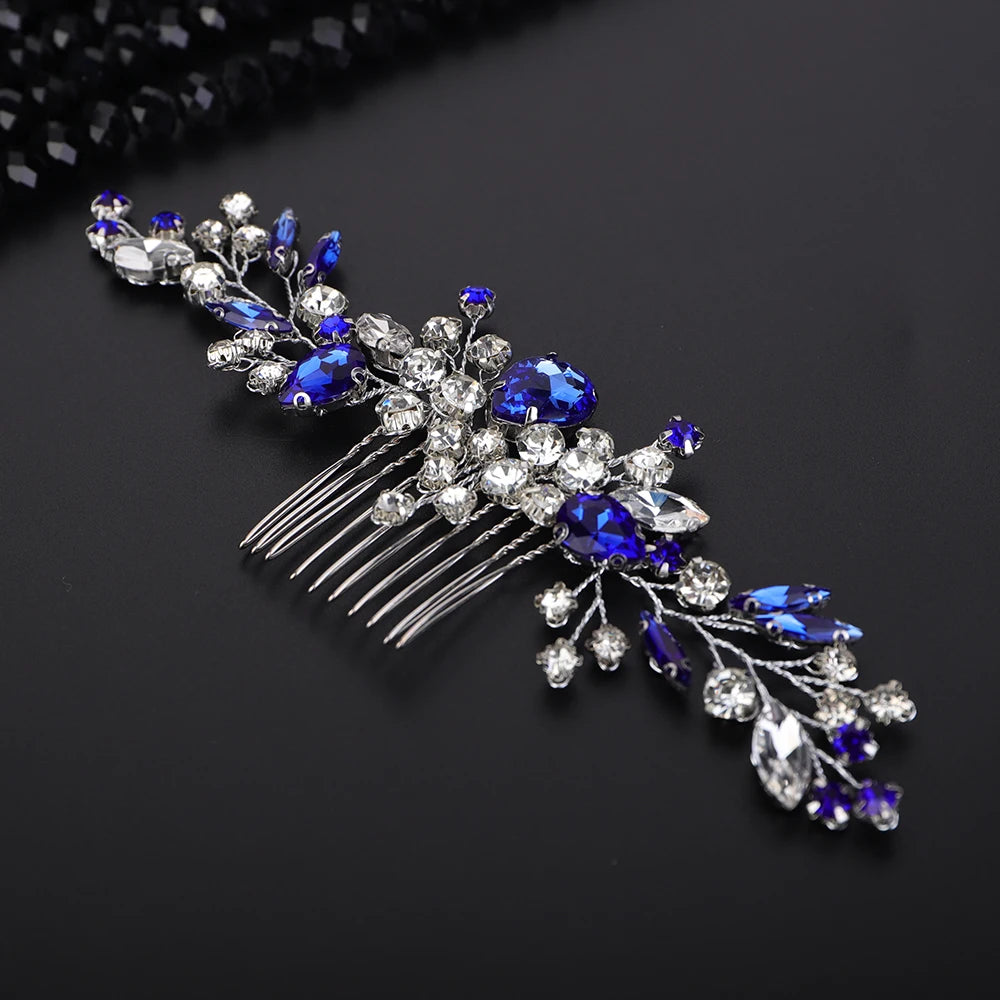 Crystal Flower Bride Hair Accessories Red Wedding Head Jewelry Blue Rhinestone Headdresses Women Hair Comb 9 Colors Headpieces
