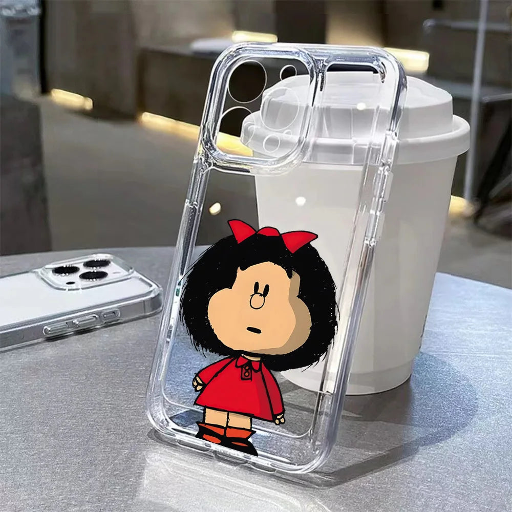 Cartoon Bow Mafaldas Phone Case For iPhone 17 16 16e 15 14 13 12 11 Mini Pro Max X XR XSMax 7 8 Air Plus Transparent Back Cover