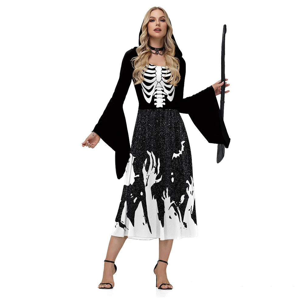 Halloween Skeleton Cosplay Costumes for Women Medieval Robe Vintage Party Hooded Dress Witch Scary Clothes Day of The Dead