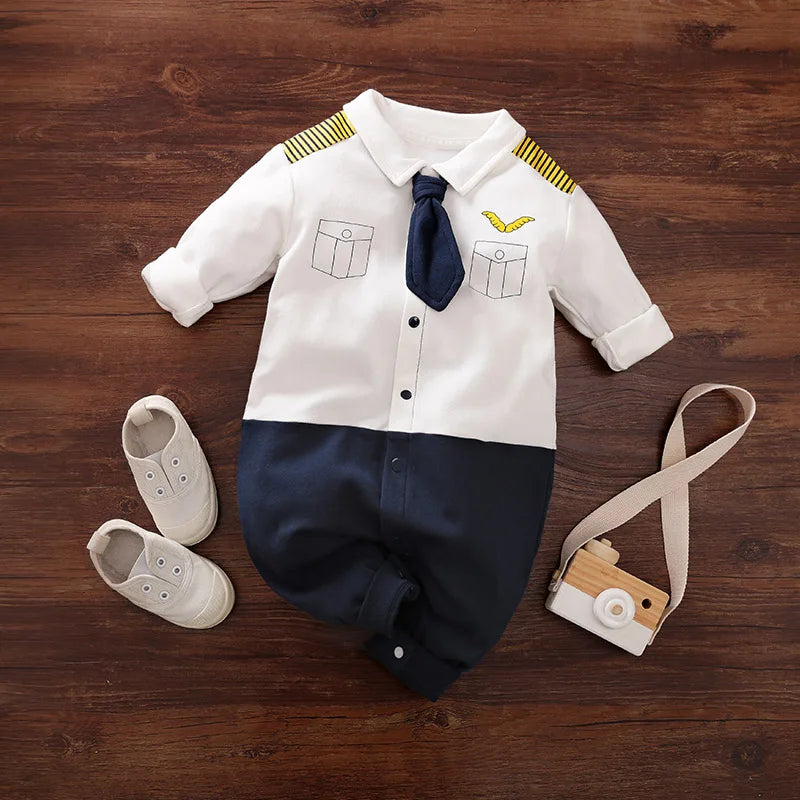 Spring and Autumn Boys Costume Baby Romper Jumpsuit 100% Cotton Cool Gentleman Suits Aviator Long Sleeve Clothes Toddler Onesie