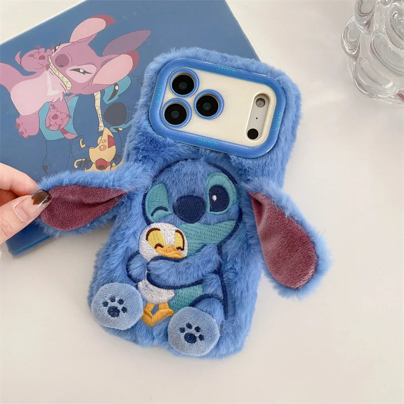 Plush Embroidery Stitch iPhone Case with Stand Furry Ears Cover for iPhone 13 17 Pro Max 16 15 Cute Shockproof Phone Accessories