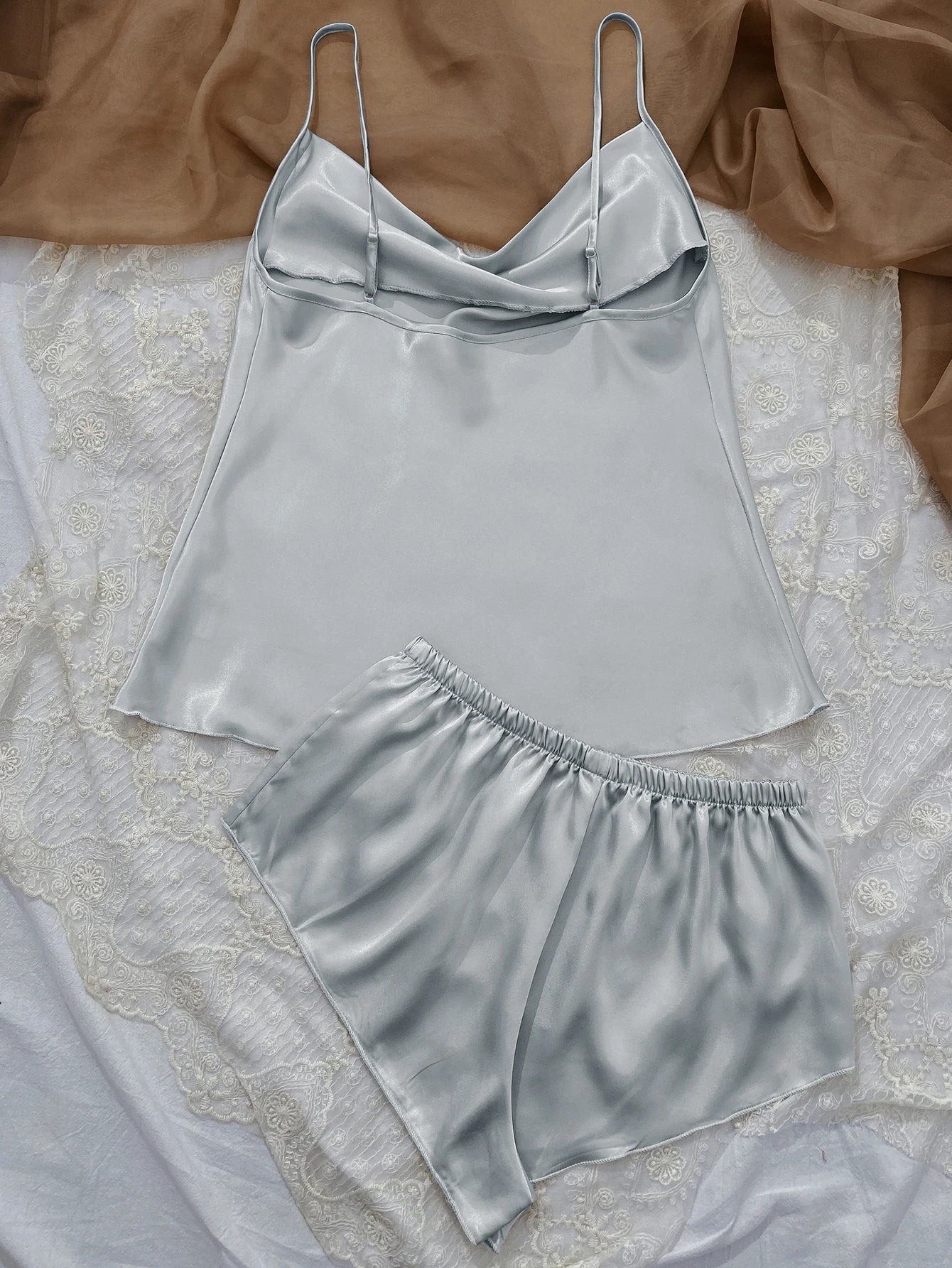 Solid Satin Pajama Set  V Neck Cami Top   Elastic Waistband Shorts Women's Sleepwear  Loungewear