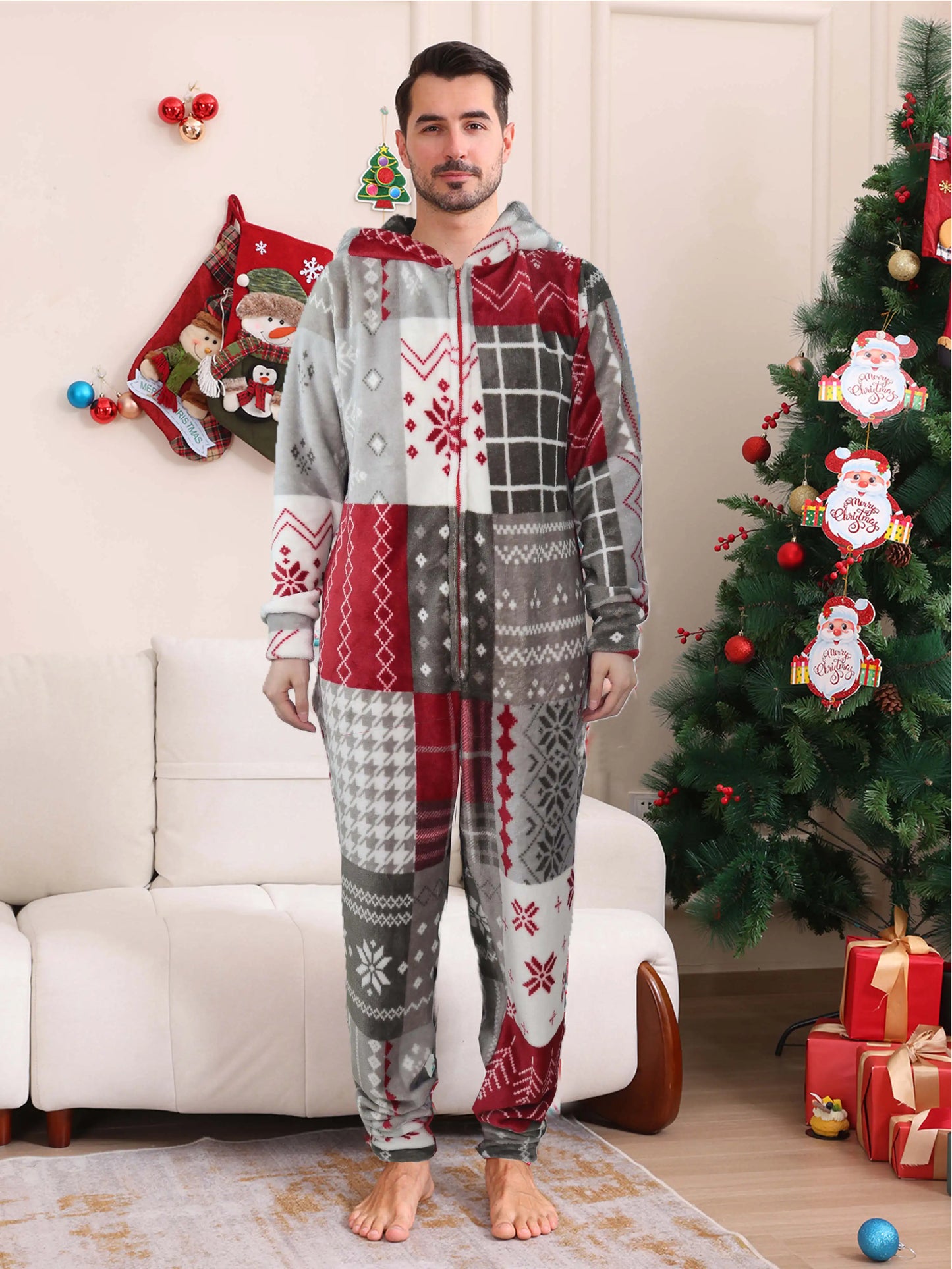 2025 Christmas Velvet Family Matching Clothing Set Zipper Hooded One-piece Jumpsuit Soft Loose Xmas Onesie Warm Thick Sleepwear