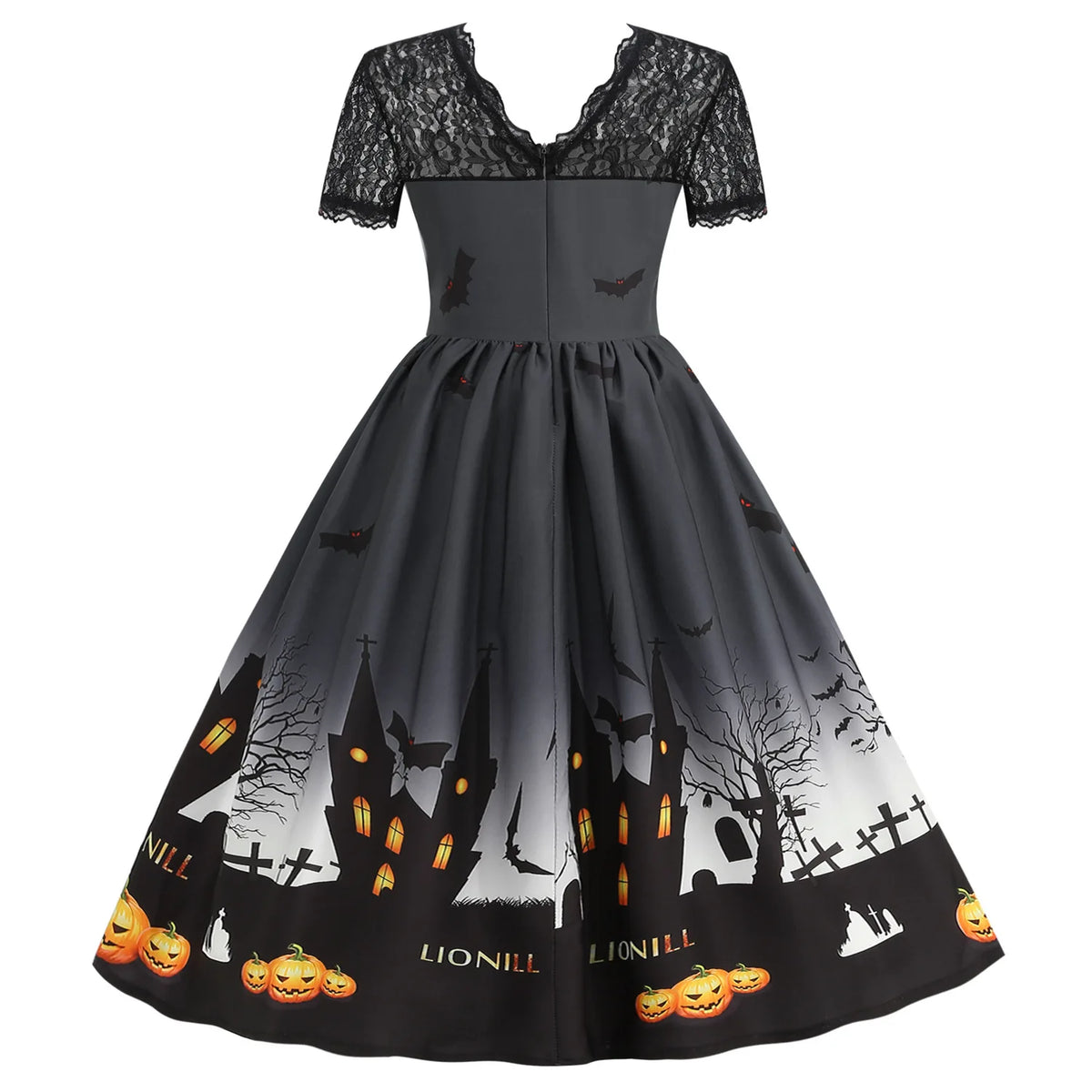 Halloween Gothic Dress Costume - Women's Retro Lace round Neck Short-Sleeved Printed Maxi Dress for Cosplay Party