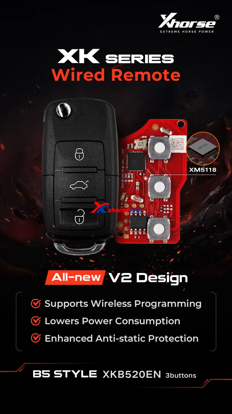 Xhorse XKB520EN 2nd Generation Wire Remote Key B5 Type Supports Wireless Programming 5pcs/lot