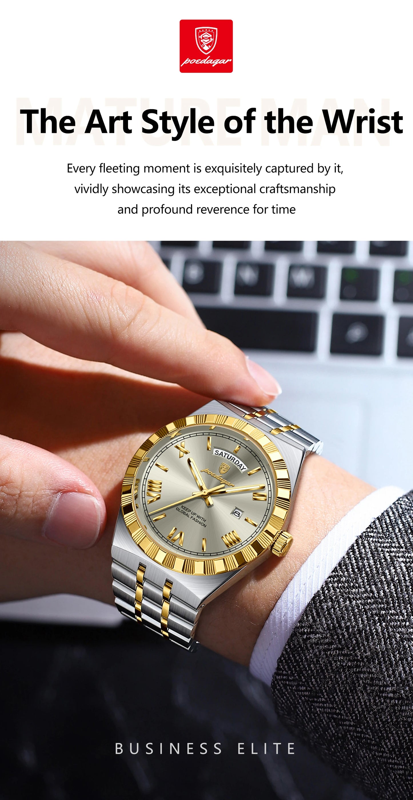 POEDAGAR Original Male Watch Luminous Waterproof Week Date Men Wristwatch Stainless Steel Business Quartz Men's Watches Gift+Box