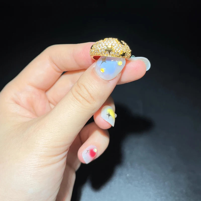 2025 Gold Color Rainbow Fashion Bling Moon Star Ring For Women Men Hip Hop Iced Out Paved Colorful Neon Enamel Luxury Jewelry