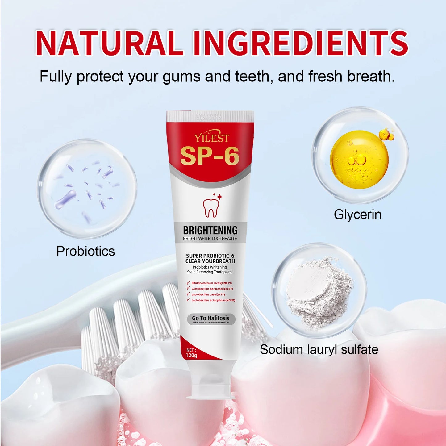 SP-6 Probiotic Toothpaste Whitening Toothpaste Remove Plaque Prevent Dental Caries Oral Hygiene Clean Fresh Breath Gum Care 120g