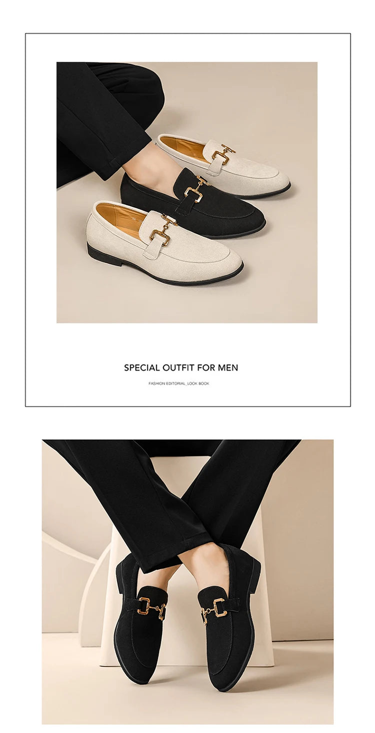 Loafers Men Shoes Black Beige Flock Round Toe Metal Decoration Men Dress Shoes Slip on Men Shoes