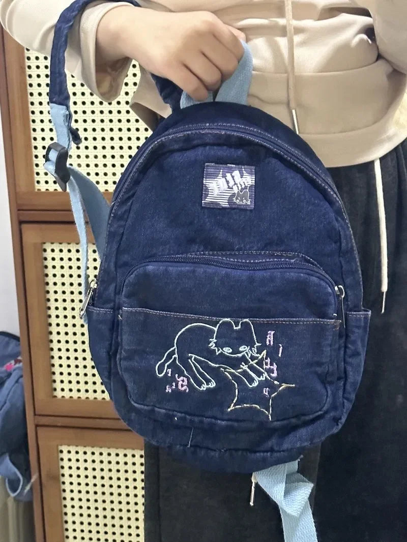 Fashion Small Denim Backpack Kawaii Cat School Bag Mini Cute Schoolbag Deep Blue Backpacks Aesthetic Japanese Preppy Book Bags