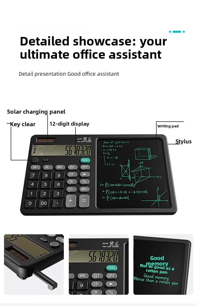 Desktop office calculator; Financial accounting; School office; Teacher student writing draft memo; Handwriting board computer.