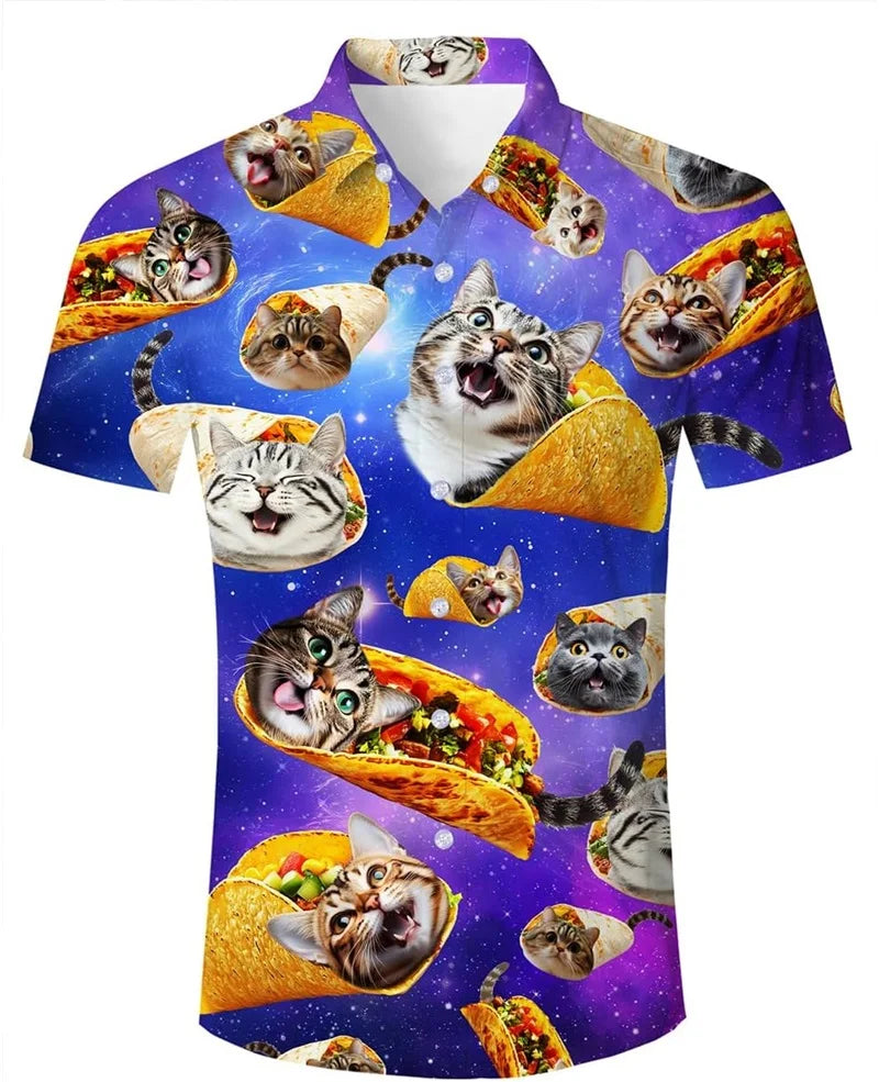 Full Print Funny Cat Dinosaur Pattern Hawaiian Shirts For Men Summer Casual Short Sleeve Button Aloha Shirt Men's Surfing Shirts