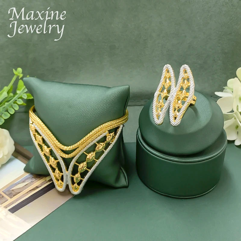 Feather Two Tones Geometric Design Jewelry Set Women Collar Necklace Earring Bracelet Ring African Bridal Wedding Party Gifts