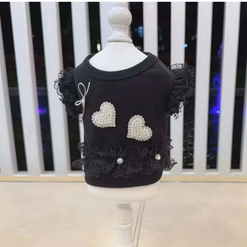 Pet Clothes For Small Dogs Cats, Puff Sleeve Lace Blouse Denim Skirt Cute Puppy Kitten Daily Outfit