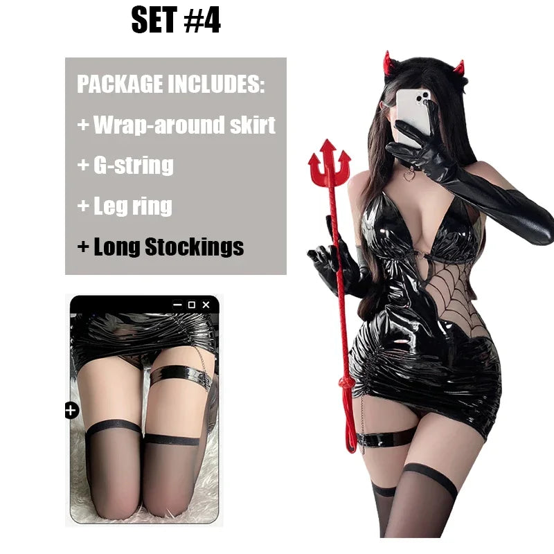 Halloween Costumes Sexy Lingerie Seductive Witch Spider Women Cosplay PU Faux Leather Bodycon Dress Tight Hip Stocking Outfit