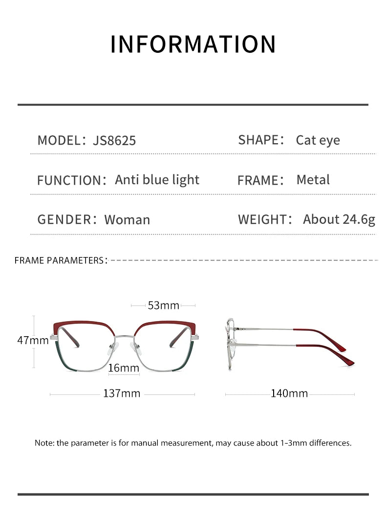 Fashionable anti-blue light glasses for women with a spring-legged metal frame in two colors; suitable for myopia.