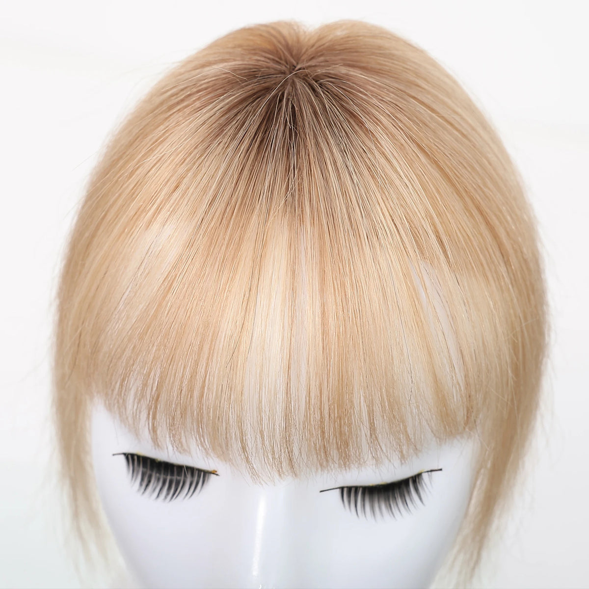 100% Human Hair Blonde Ombre Blunt Cut Wispy Bangs with Sideburns 5x5cm Clip-in Fringe Hairpiece with Top Hair Patch for Daily