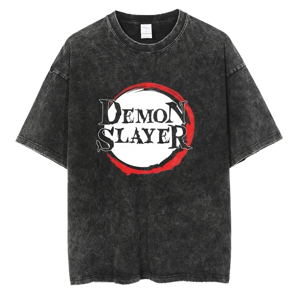 Hot Anime Demon Slayer Kokushibo Graphic T-Shirt Men Women Manga Tshirts Washed Cotton T Shirt Harajuku Unisex Vintage Top Tees
