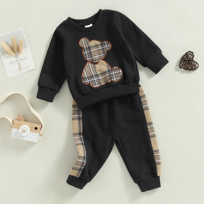 0-24months Baby Spring Autumn Clothes Set Long Sleeve Bear Sweatshirt With Plaid Sweatpants For Infant Boys And Girls Outfits
