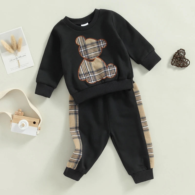 0-24months Baby Spring Autumn Clothes Set Long Sleeve Bear Sweatshirt With Plaid Sweatpants For Infant Boys And Girls Outfits