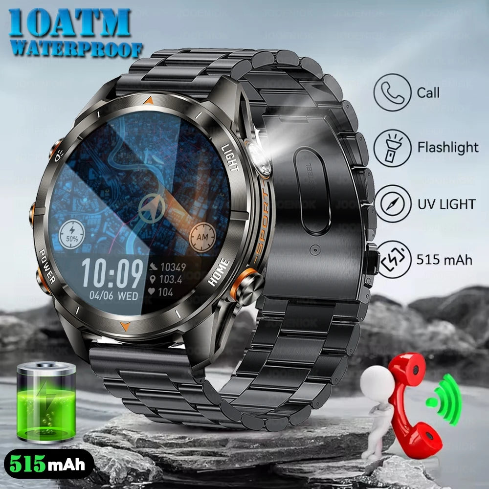 Military Smart Watch Men 10ATM Waterproof 1.46" AMOLED Screen LED Flashlight 515mAh Battery Heart Rate Sport BT Call Smartwatch