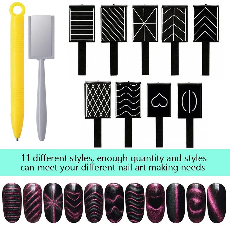 Set of 11 Pcs Nail Art Tools Cat Eye Magnetic Rod Powerful Magnet Suitable for Gel Polishing Beauty Manicure Decoration Supplies