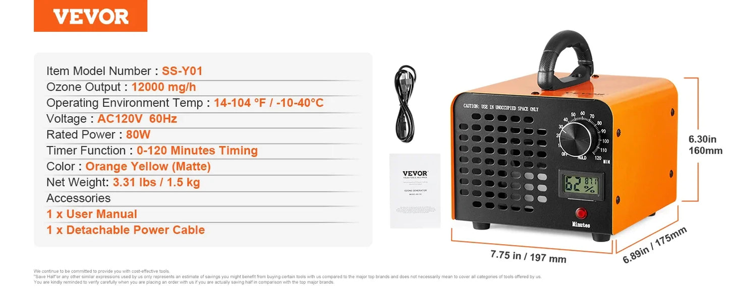 VEVOR Ozone Generator Commercial Ozone Generator Ozone Machine 12000 24000 36000mg/h Odor Remover with 0-120min Timer