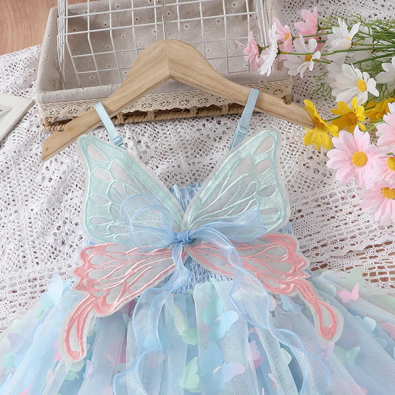 Baby Girls Big Butterfly Wings Gauze Princess Dress Lovely Kids Summer Sleeveless Tulle Sling Dress Children Birthday Party Gown